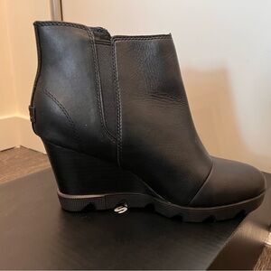 Sorel Joan Uptown Zip Wedge Booties Black Leather Wedge Boots